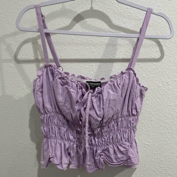 Kittenish Coquette Feminine Boho Festival Smocked Front Tie Purple Crop - Picture 1 of 7